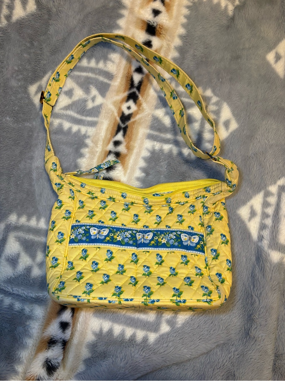 Vera Bradley Yellow Quilted Crossbody with Blue Floral Trim